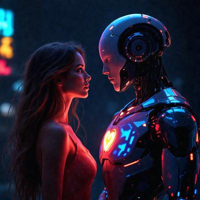 The primary subject of the image is a woman and a robot, with the woman looking at the robot. The setting is a dark room, and the visual style appears to be a digital art or illustration. The dominant colors are red and blue, creating a warm and vibrant atmosphere.